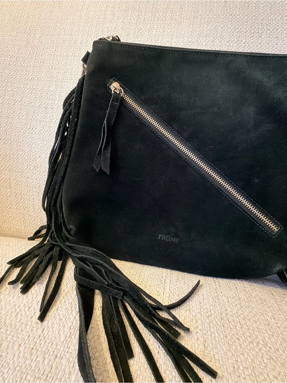 Prune Black Suede Fringe Crossbody with Diagonal Zip